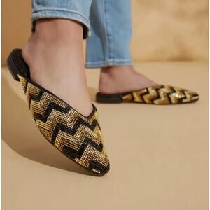 Birdies The Swan Deco Chevron Beaded Black Gold Loafers Flats Mules Size 8.5